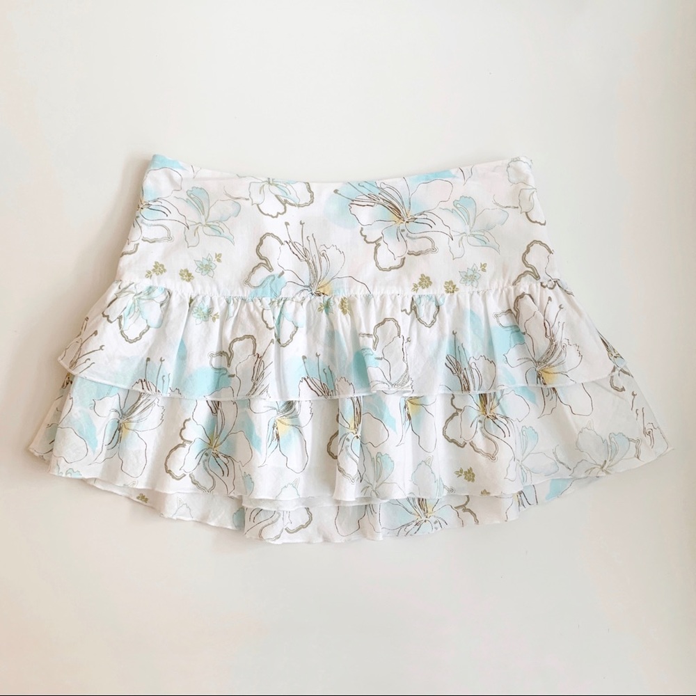 Garage Floral Flare Mini Skirt (White & Blue)